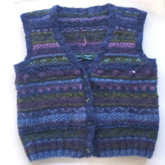 HANDMADE HANDKNIT SWEATER VEST BUTTON UP BLUE PURPLE GREEN TEXTURED SMALL - Picture 1 of 10